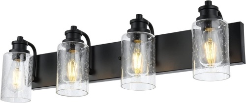 VINLUZ Bathroom Vanity Light Fixture,Industrial Modern 4 Light Wall Lighting with Seedy Glass Shade,Matte Black Wall Lamp for Bath Mirror Kitchen Porch Workshop - Lot 382A