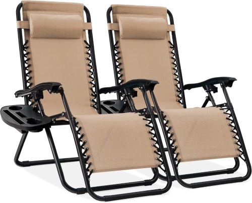Best Choice Products Set of 2 Adjustable Steel Mesh Zero Gravity Lounge Chair Recliners w/Pillows and Cup Holder Trays - Sand - Lot 387