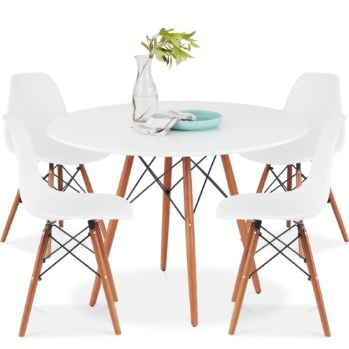 5-Piece Mid-Century Modern Dining Set w/ 4 Chairs, Wooden Legs, Metal Frame  35.5"(Dia) x 28.5"(H) - Lot 396