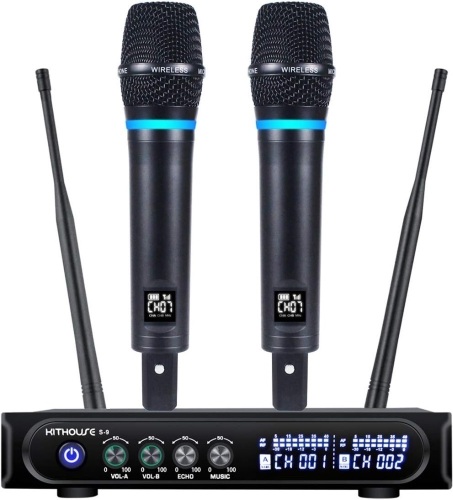 Kithouse S9 UHF Rechargeable Wireless Microphone System Karaoke Microphone Wireless Mic Cordless Dual with Bluetooth Receiver Box + Volume Control ECHO for Karaoke Singing Speech Meeting Church, 200FT  - Lot 423A