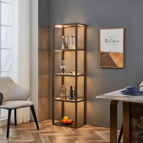 FENLO Fantasy Plus 66" Luxury Display Shelf with Dimmable LED Floor Lamps, Sturdy Curio Cabinet with Glass Bookcase Display Case, Shelves for Bedroom, Open Bookshelf, Brown  - Lot 426
