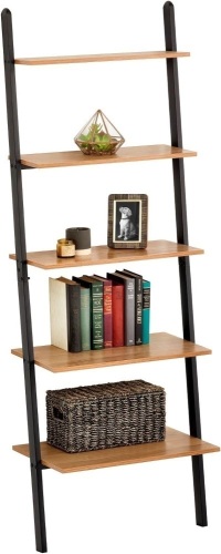 mDesign 5-Tier Leaning Ladder Bookshelf - Rustic Ladder-Style Shelf Bookcase - Decorative Slanted Storage Rack w/Composite Wood Shelves for Bathroom, Living Room - Ladder Shelves, Black/Nordic Walnut  - Lot 442