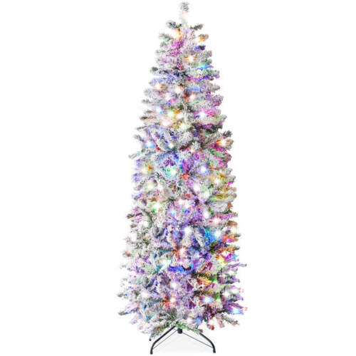 Pre-Lit Snow Flocked Artificial Pencil Christmas Tree w/ Multicolor Lights 6ft - Lot 5755