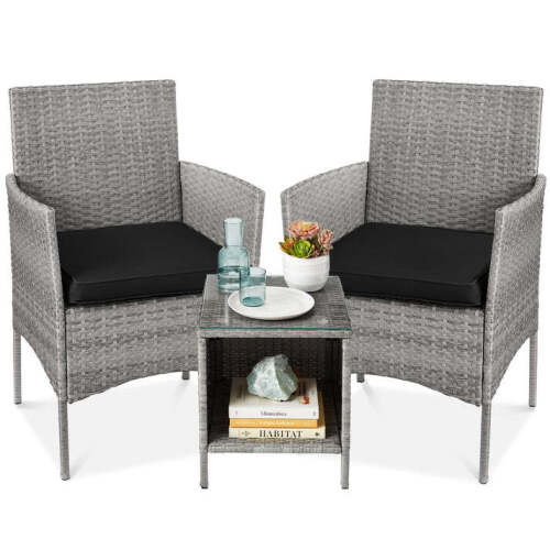 3-Piece Outdoor Patio Wicker Bistro Set w/ Side Storage Table - Lot 5836
