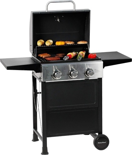 MASTER COOK 3 Burner BBQ Propane Gas Grill, Stainless Steel 30,000 BTU Patio Garden Barbecue Grill with Two Foldable Shelves - Lot 6925