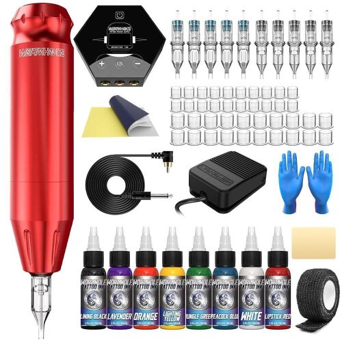 Tattoo Kit, Wormhole Machine Kit Pen Complete Gun Rotary 10 Cartridge Needles 8 Ink 40 Caps for Beginner WTK085 - Lot 4883