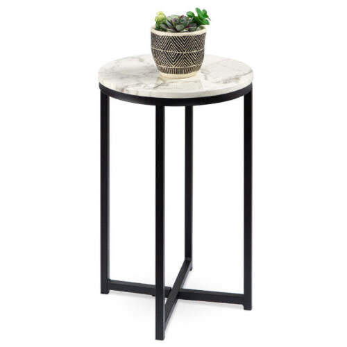 Round Coffee Side Table w/ Faux Marble Top, Metal Frame - 16in - Lot 6979