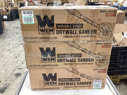 Lot of (3) WEN DW5062 Variable Speed 5-Amp Drywall Sander with 15-Foot Dust Hose - Uninspected, Open Box  - Lot 259