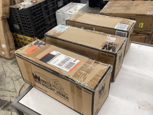 Lot of (3) WEN JN8504 8.5-Amp Plate and Biscuit Joiner with Case and Biscuits - Uninspected, Open Box  - Lot 528