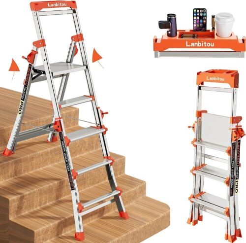 LANBITOU Aluminum 5 Step Ladder with Anti-slip Wide Pedal, Tool Platform, 330lbs Capacity - Lot 541