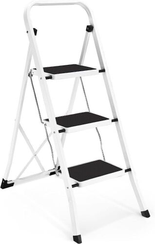 Soctone 3 Step Ladder, Lightweight Folding Step Stool with Anti-Slip Pedal, 330 lbs Capacity, White  - Lot 561