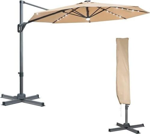 Blissun 10ft Offset Umbrella with 36 Solar LED Lights, Tan  - Lot 497