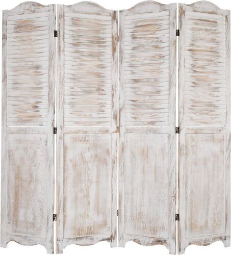 4-Panel Antique Whitewashed Wood Louvered Shabby Chic Home Decor Dressing Screen with Dual-Action Hinge  - Lot 504