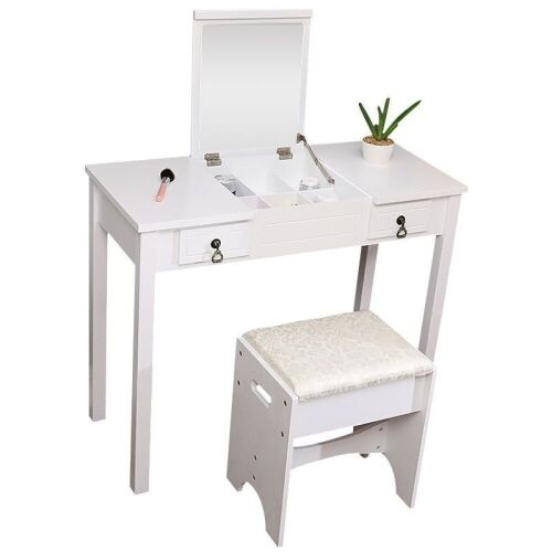Flip-top Mirror Vanity Table with 2 Drawers and Stool, White  - Lot 73