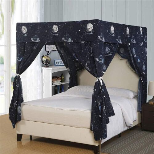 Mengersi Galaxy Star Four Corner Post Bed Curtain Canopy, King, Navy Galaxy - Lot 384