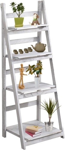 ECOMEX 4-Tier Ladder Shelf Bookcase, White Ladder Wooden Bookshelf, Plant Flower Stand, Leaning Bookshelf Bathroom Shelves Book Storage Shelf, for Living Room, Kitchen(White)13.8"D x 15.75"W x 45.7"H - Lot 711