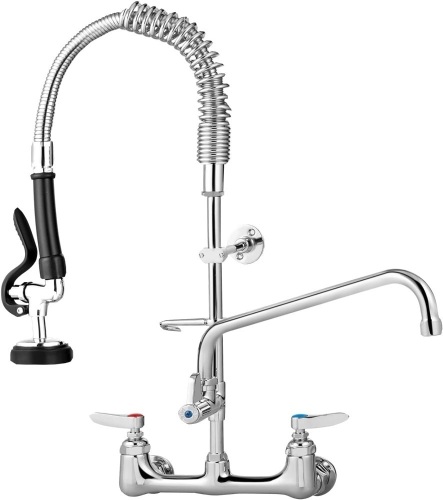 VEVOR Commercial Faucet with Pre-Rinse Sprayer, 8in Adjustable Center Wall Mount Kitchen Faucet with 12" Swivel Spout, 21" Height Compartment Sink Faucet for Industrial Restaurant, Lead-Free Brass - Lot 717