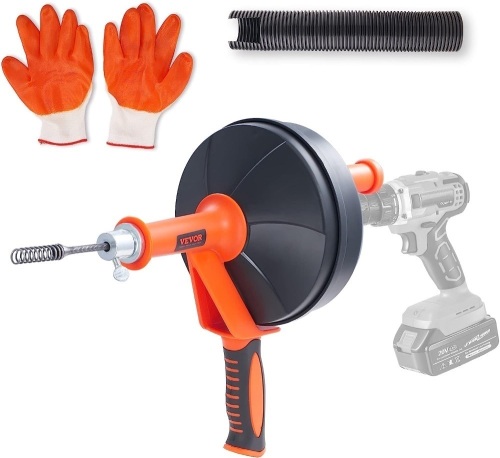 VEVOR Drain Auger 25Ft, Plumbing Snake with Drill Attachment, Plumbers Snake Drain Clog Remover for Kitchen Bathroom Shower Sink with Protective Hose and Gloves - Lot 719