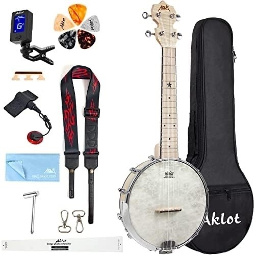 Banjo Ukulele, AKLOT Concert 23 inch Remo Drumhead Open Back Maple Body 15:1 Advanced Tuner with Two Way Truss Rod Gig Bag Tuner String Strap Picks - Lot 152