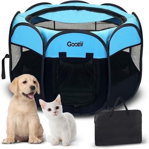 Dog Playpen for Large Dogs Portable Collapsible, Indoor Outdoor Pet Puppy Dogs Exercise Playpens Case with Zipper Door Top Cover Floor for Large Cat (Large Size, Blue)  - Lot 445A