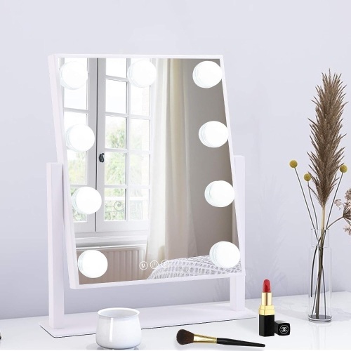 Lighted Makeup Mirror Hollywood Mirror Vanity Mirror with Lights, Touch Control Design 3 Colors Dimable LED Bulbs, Detachable 10X Magnification, 360°Rotation, White. - Lot 447A