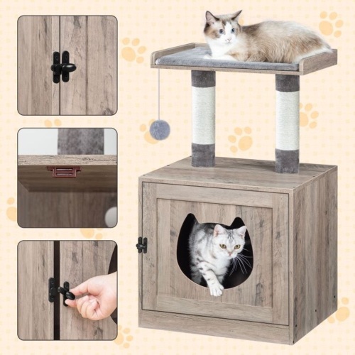 Litter Box Enclosure With Cat Tree Tower, Litter Box Furniture Hidden With Cute Entrance, Private Washroom With Sisal Scratching Posts, Cat Head Door And Large Platform, Greige BG11MW03 - Lot 251