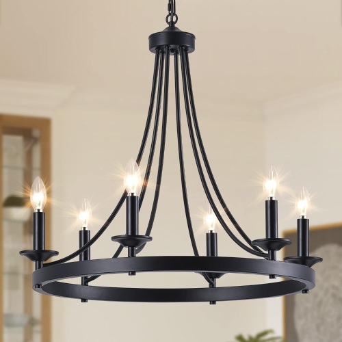Corlaceling Black Farmhouse Chandelier, 24 inch 6-Light Wagon Wheel Chandelier Farmhouse Round Hanging Ceiling Light Pendant Lighting for Dining Room Kitchen Island Living Room  - Lot 255