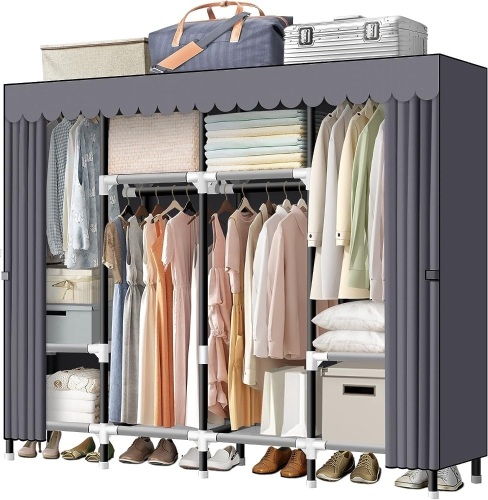 LOKEME Portable Closet, 67 Inch Wardrobe Closet for Hanging Clothes with 4 Hanging Rods, 25mm Steel Tube Clothes Storage Organizer for Extra Sturdy, Quick and Easy to Assembly, Gray Cover  - Lot 256