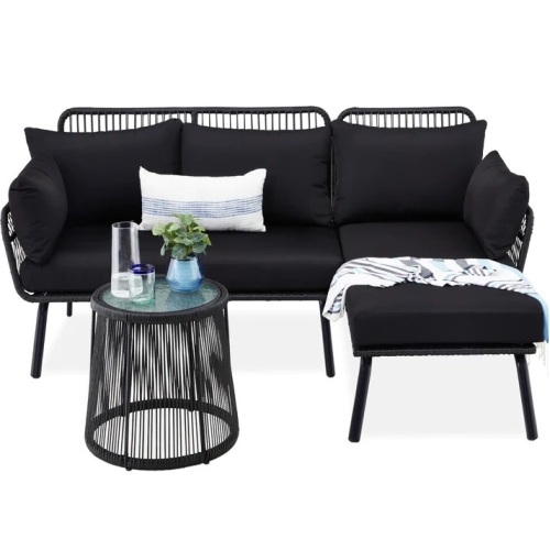 Rope Woven Sectional, L-Shape Sofa Set w/ Detachable Lounger, Table Sofa Dimensions: 74"(L) x 54"(W) x 33"(H) Lounger: 28"(L) x 27"(W) x 33"(H) Seat-to-Floor: 16"(H) Table Top: 17"(Dia) Table Base: 19.75"(Dia) Table: 19"(H) - Lot 67