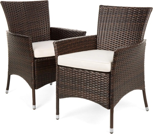 Modern Contemporary Wicker Patio Furniture Dining Chairs for Backyard, Poolside, Garden w/Water-Resistant Cushions, Handwoven, Fade-Resistant - Brown - Lot 339A