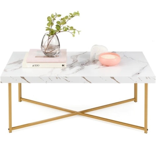 Rectangular Coffee Table w/ X-Base, Faux Marble Top, Non-Scratch Feet - 44in - Lot 741