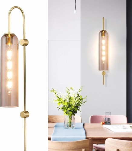 BOKT 1-Light Modern Amber Glass Wall Sconce Mid Century Brass Gold Wall Sconce Lighting Vintage Indoor Globe Wall Light Industrial Bathroom Bar Wall Lamp (Amber) - Lot 746
