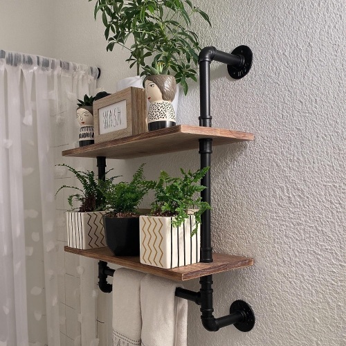 ROGMARS Pine Wood Floating Shelves Wall Shelves 24 inch,Bathroom Pipe Shelves with Towel Rack, Industrial Wall Mounted Shelf for Bathroom Decor for Living Room Bedroom Kitchen Bathroom - Lot 748