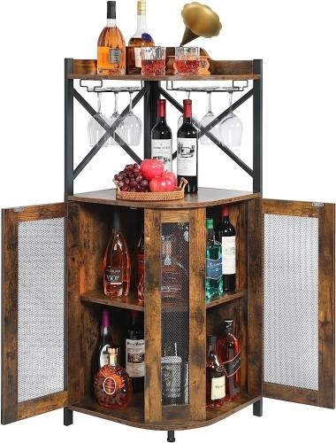 JKsmart Corner Bar Cabinet with Glass Holder, Industrial Wine Cabinet with Mesh Door, Liquor Bar Cabinet with Adjustable Shelf, Home Bar for Liquor and Wine Storage, Rustic Brown  18.7"D x 18.7"W x 50.8"H   - Lot 190