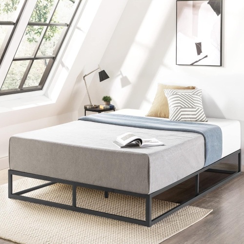 Mellow Modernista Low Profile 10 Inch Metal Platform Bed Frame with Classic Wooden Slat Support Mattress Foundation (No Box Spring Needed), Full, Black - Lot 288