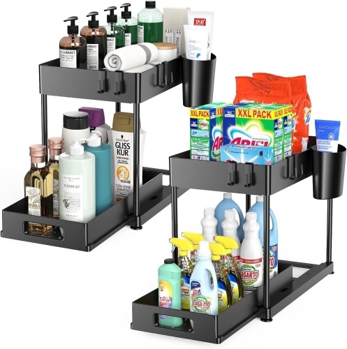 Kjfeoiye Under Sink Organizers and Storage, 2 Pack Large Capacity Heavy Load Pull-out Under Sink Shelves with Sliding Drawer for Kitchen and Bathroom, Black, 12 x 8.7 x 15.7 inch  - Lot 295