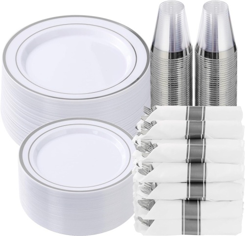 350 Piece Silver Plastic Dinnerware Set for 50 Guests, Fancy Disposable Plates for Party, Include: 50 Dinner Plates, 50 Dessert Plates, 50 Pre Rolled Napkins with Silver Silverware, 50 Cups  - Lot 324