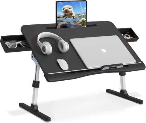 Bed Desk for Laptop, Adjustable Laptop Desk for Bed with 2 Storage Drawers, Premium Leather Lap Laptop Desk for Bed, Foldable Laptop Bed Table for Eating, Working, Writing and Drawing  - Lot 326