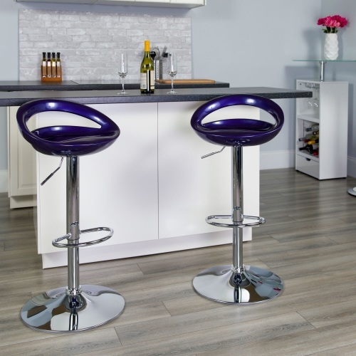 Dash Contemporary Blue Plastic Adjustable Height Barstool with Rounded Cutout Back and Chrome Base - Lot 128