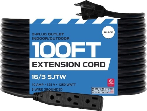Iron Forge Cable 100 Ft Outdoor Black Extension Cord with 3 Outlets Power Strip, 16/3 SJTW Water Resistant Cord with Multiple Outlet for Indoor & Outdoor 100’, Great for Christmas Lights and Outside   - Lot 138
