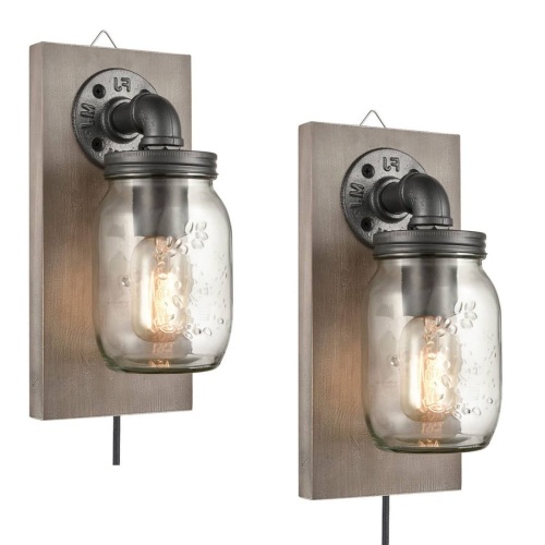 Rustic Plug-in Mason Jar Bedroom Wall Sconce Wood Plate 2-Pack - Lot 143