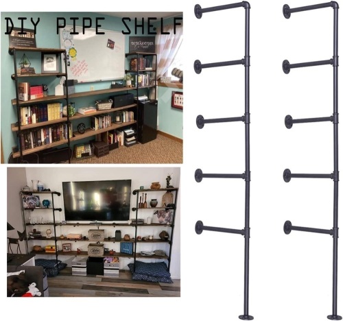 Industrial Wall Mount Iron Pipe Shelf Bracket,Vintage Retro Black DIY Open Bookshelf, Storage Shelves, Ceiling hung Shelves for Home Kitchen Office(2PcsX5Tier,70" Tall,12"deep,Hardware Only)  - Lot 144