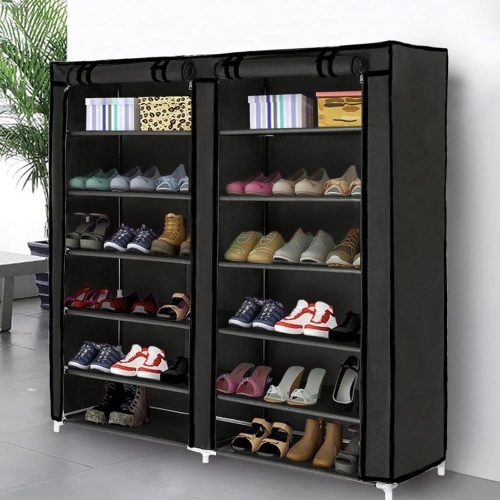 Blissun 7 Tier Shoe Rack Shoe Storage Organizer Cabinet Tower with Nonwoven Fabric cover, Black - Lot 147A