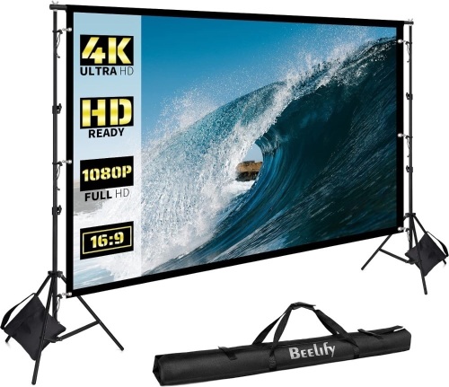 BEELIFY Projector Screen with Stand, 120 Inch Indoor Outdoor Portable Projection Screen, 16:9 HD 4K Outdoor Movie Screens for Party Cinema and Camping - Lot 149