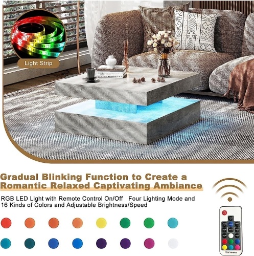 LED Coffee Table for Living Room, Square Cocktail Table ,2 Tier Modern Sofa Center Table with 16 RGB Lights, Stone Gray - Lot 230