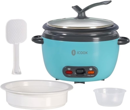 ICOOK 5-Cup Uncooked(10-Cup Cooked Rice Cooker)1L Grains,Oatmeal,Cereals Cooker,Rice Warmer Steamer,Small Mini Rice Cooker Removable Nonstick Pot,Full View Glass Lid,Stand Plastic Knob,Blue  - Lot 166