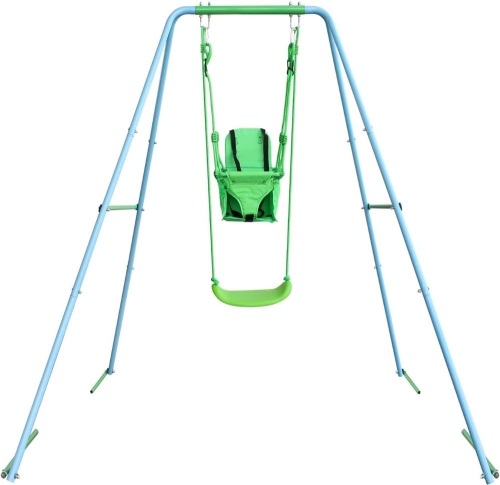 JYGOPLA 2-in-1 Toddler Swing Set, A-Frame Swing Sets for Backyard Playground with Metal Stand, 4 Anchors, Two Swing Seats with Safety Belt for Baby Kids, Indoor Swing for Kids Aged 6 Month+, Blue  - Lot 168