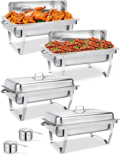 PURECHO Rectangular Chafing Dish Buffet Set, 4 Pack 8 Qt, Stainless Steel Chafer Full Size, Catering Food Warmer with Folding Frame, Ideal for Parties, Wedding, Festival Gathering  - Lot 169