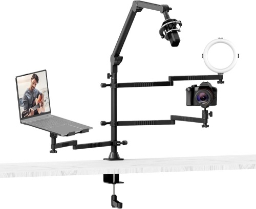 Camera Arm Desk Stand Mount - LS21 Desktop Overhead Camera Mount Flexible Microphone Boom Arm + Laptop Stand Mount + 2 Extension Magic Arm for Webcam DSLR Ring Light Laptop Mic  - Lot 179