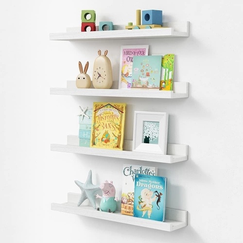 Forbena Nursery Floating Shelves for Wall, 23 Inch Long Nursery Book Shelves Set of 4, Rustic Wood Picture Ledge Shelf for Bedroom, Bathroom, Living Room, Photo Frames, Office Decor (White)  - Lot 375A